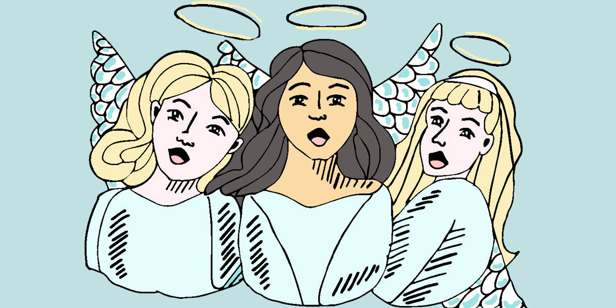 Piirroskuva kolmesta laulavasta enkelistä.