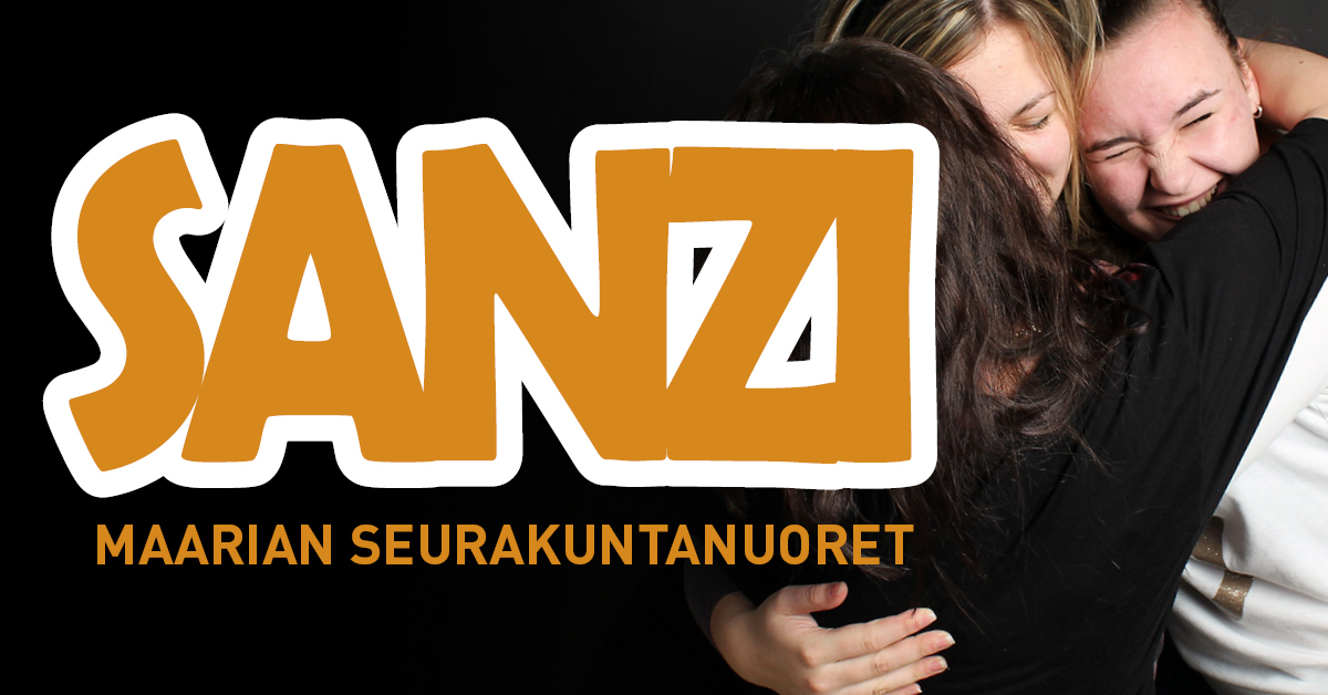 Sanzi logo ja toisiaan halailevia iloisia tyttöjä