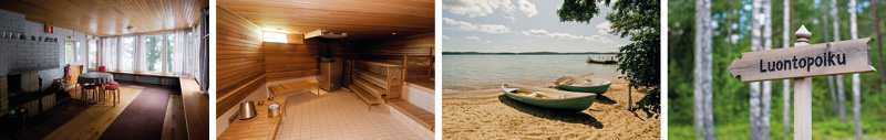 kuvia sinapin leirikeskuksesta veneranta luontopolun kyltti sauna ja takkahuone