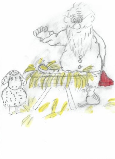 Piirros: Tonttu ihailee Jeesus-vauvaa seimessä, vieressä lammas. En ritning: Tomte beundrar Jesus-babyn i krubban, bredvid ett får.