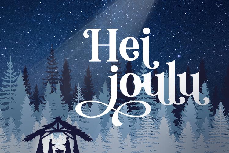Kuvassa on sininen öinen metsämaisema, tähtitaivas, alhaalla vasemmalla on jouluseimi. Teksti Hei joulu