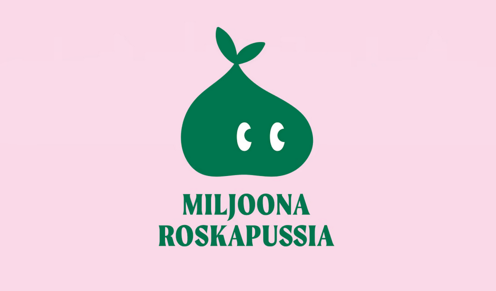 Logo jossa vihreä piirretty pussi ja teksti Miljoona roskapussia.