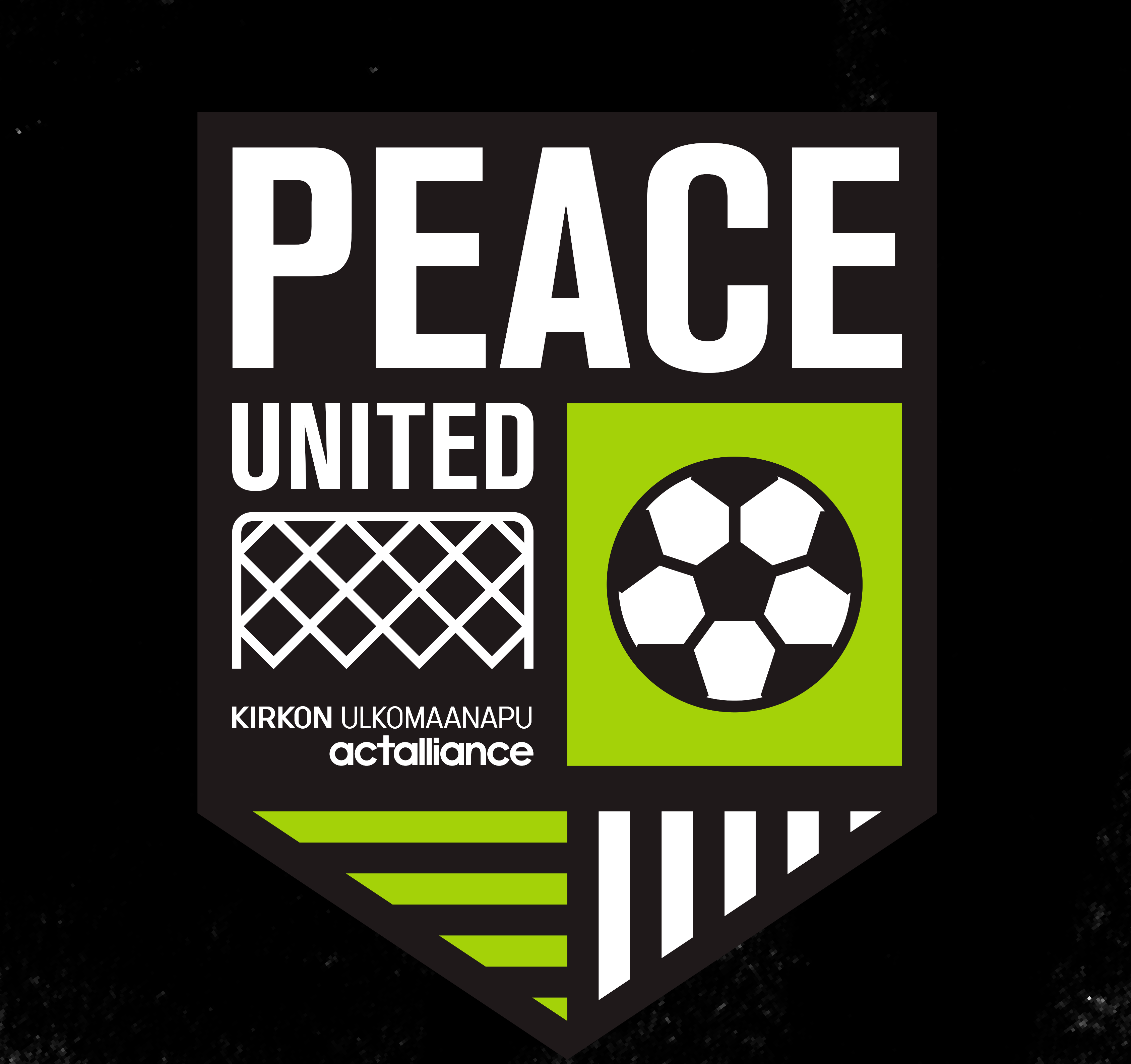 Peace United logo mustalla pohjalla. Logo jalkapallo ja verkko sekä teksti Peace United.