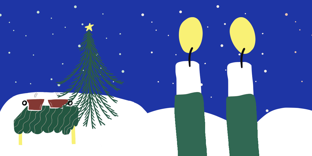 Piirroskuvitus kahdesta kynttilästä, joulukuusesta ja glögimukeista tummansinistä taivasta vasten.