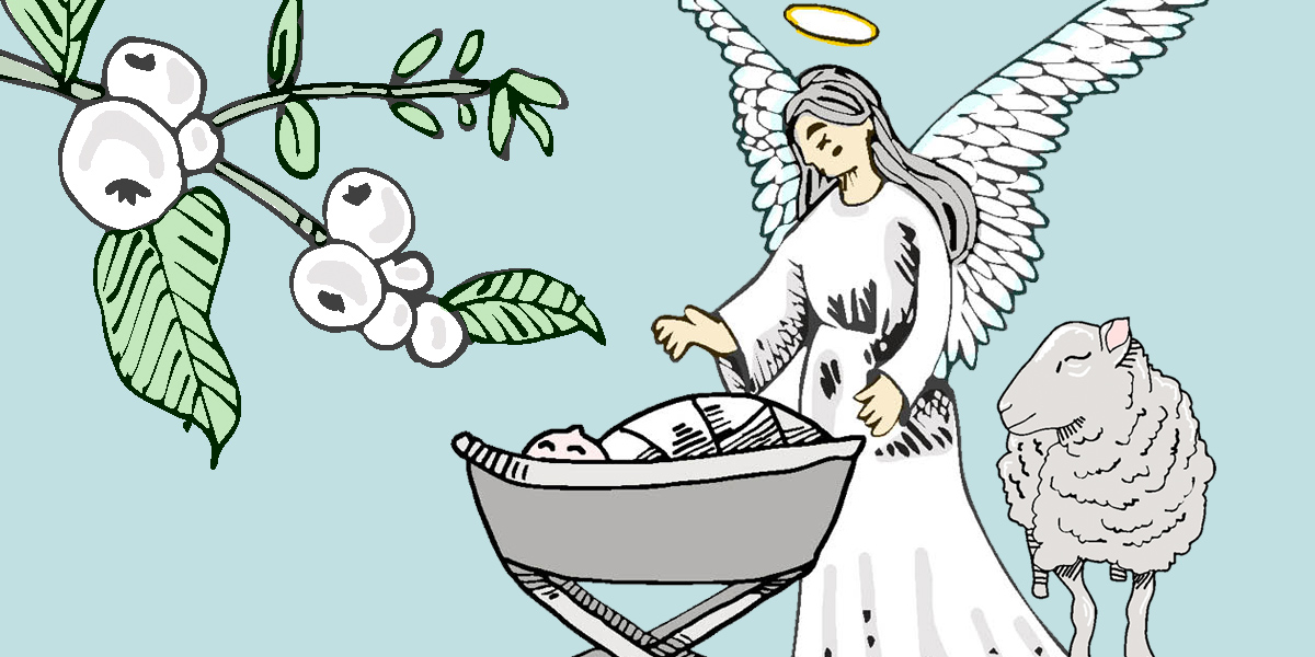 Piirroskuva enkelistä ja seimessä makaavasta lapsesta.