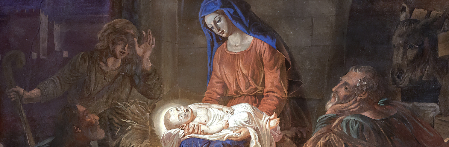 Tuomiokirkon fresko, jossa Marialla sylissä Jeesus-lapsi. Paimenet ihmettelevät.