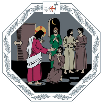 Johannesmessu Riimissä Apostoli Tuomas on polvistuneena ylösnousseen Jeesuksen edessä. Jeesuksen käsissä näkyvät naulojen tuomat haavat. Kolme muuta opetuslasta seisoo taustalla. Avoimesta ikkunasta näkyy yötaivas ja kuun sirppi, ovi on teljettynä.