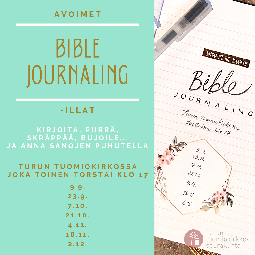 Bible journalingia Tuomiokirkossa Kirjan sivut, joille kirjoitettu Bible journaling Tuomiokirkossa