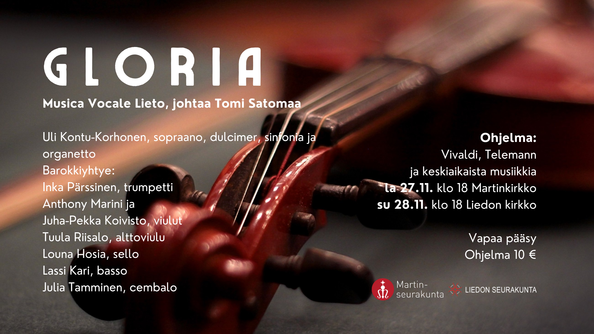 Gloria Konsertin nimi ja esiintyjät, taustalla viulu