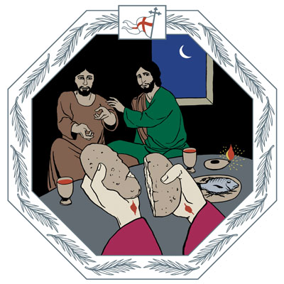 Jeesus, jonka käsissä näkyvät naulan merkit, murtaa leipää. Kaksi opetuslasta katsovat hämmentyneinä. On yö, kuunsirppi näkyy taivaalla ja pöydällä palaa öljylamppu.