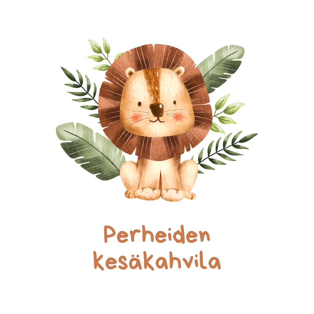 Piirretty leijona ja vihreitä lehtiä, tekstissä lukee perheiden kesäkahvila