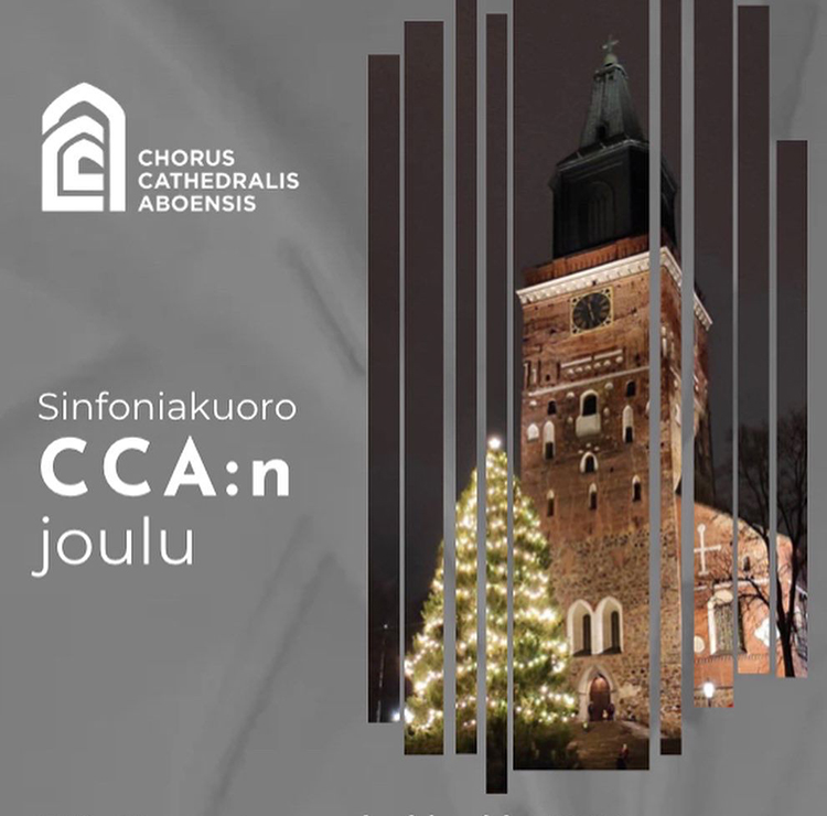 Jouluinen tuomiokirkko edessään suuri joulukuusi. Teksti 