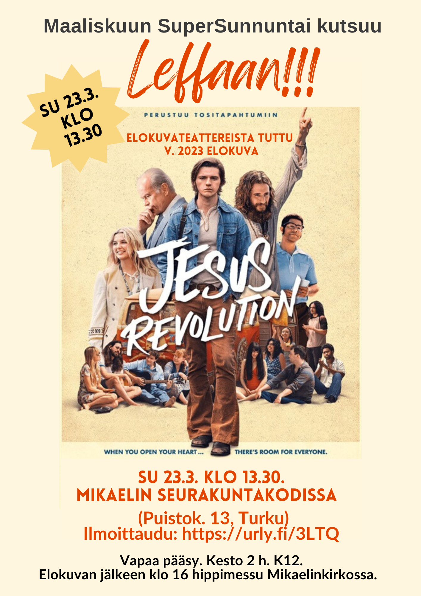 Jesus revolution -elokuva Mikaelissa jesus revoution mainos