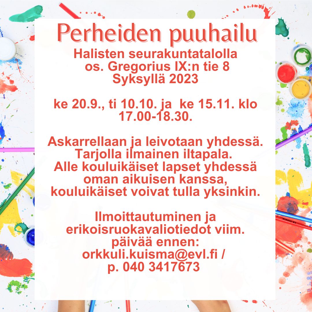 perheiden puuhailun mainos, jossa vesivärejä ja maalipensseleitä