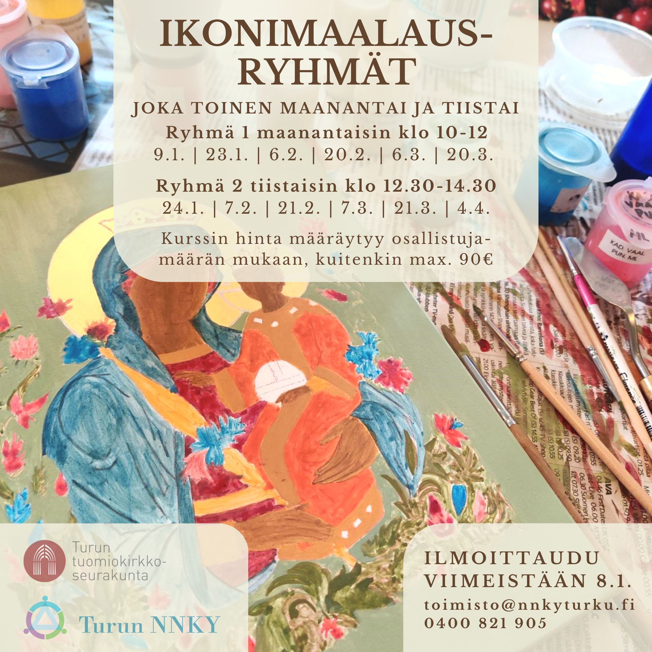 kesken oleva ikoni ja maalaustarvikkeita