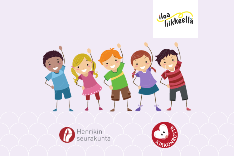 Piirrettyjä lapsia liikkumassa ja tekstissä lukee Iloa liikkeellä, Henrikinseurakunta, Kirkonrotta.