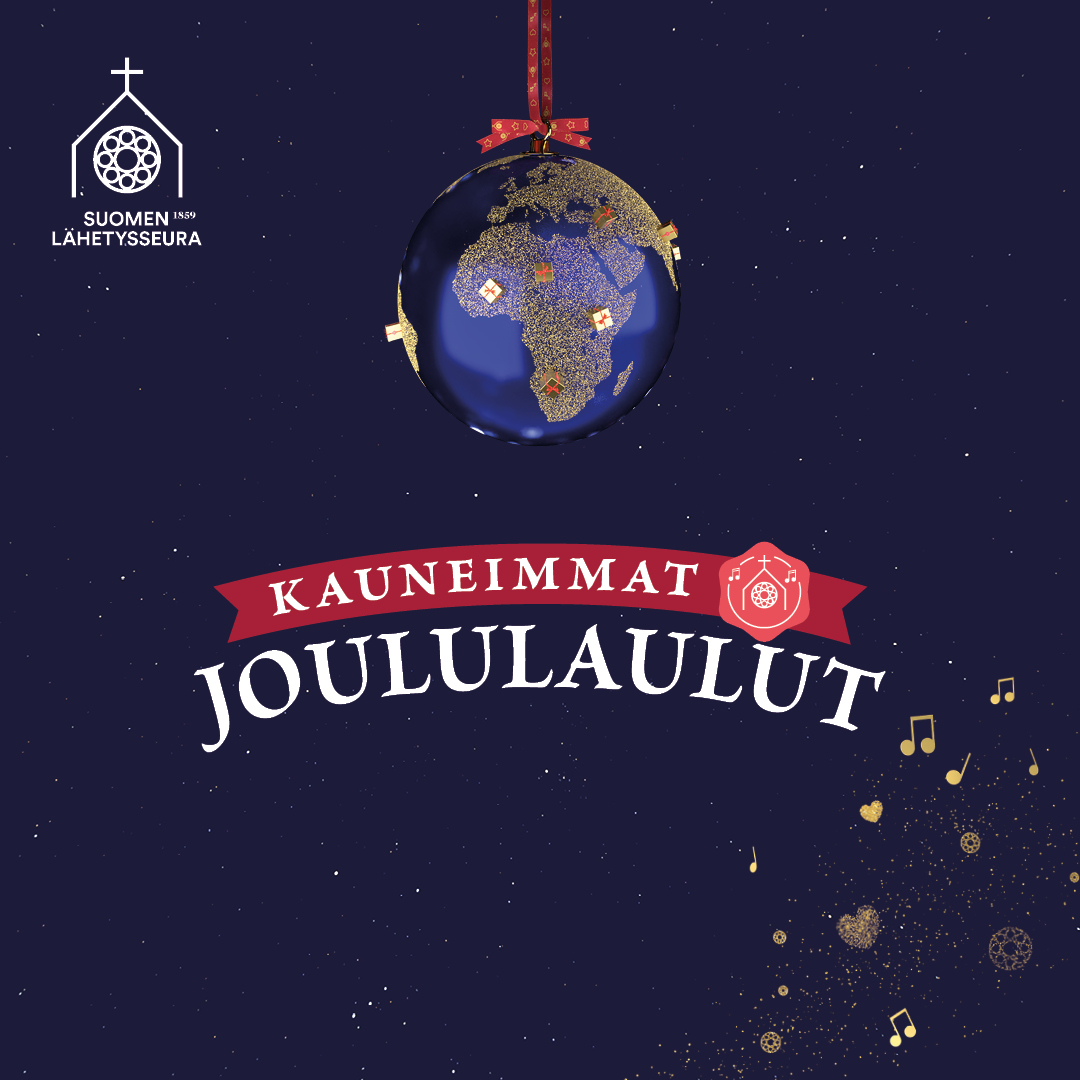 Maapallo joulukuusen pallona tähtitaivas taustallaan. Teksti Kauneimmat Joululaulut