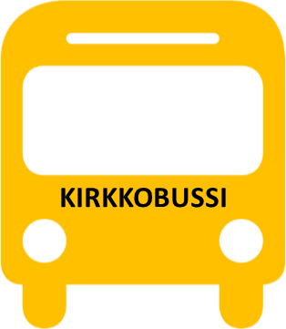 Keltainen bussin etuosa, jossa lukee kirkkobussi.