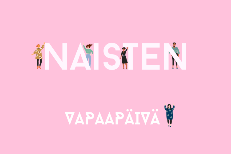 Tekstissä sanotaan naisten vapaapäivä ja kuvassa on viisi erilaista piirrettyä naista.