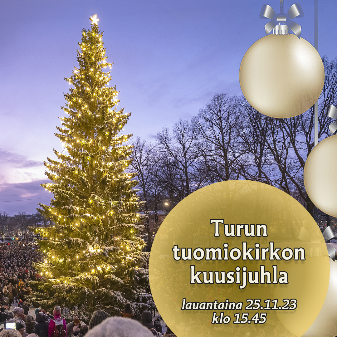 Valtava joulukuusi, jossa tolkuttomasti lamppuja ihmismassan ympäröimänä