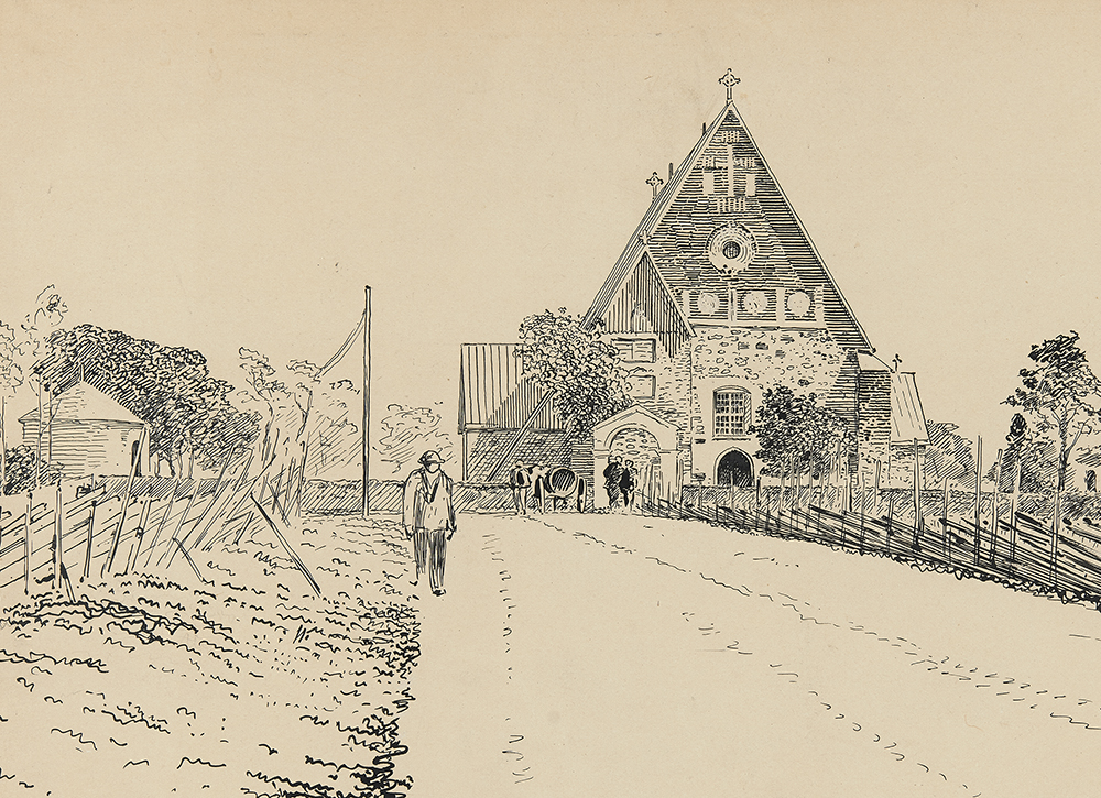 Vanha piirroskuva, jossa tie joka johtaa Maarian kirkolle