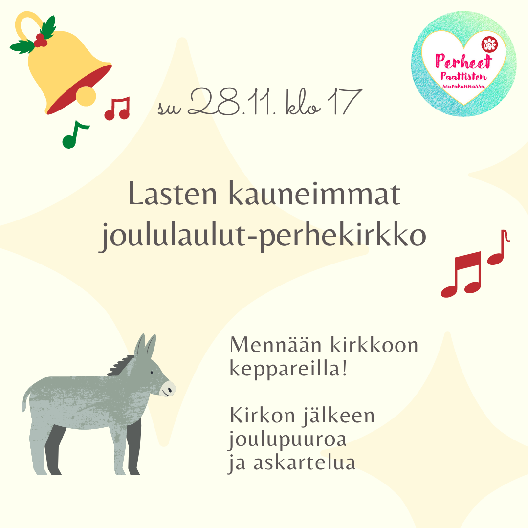 Lasten kauneimmat joululaulut-perhekirkko Kuvituskuva, jossa aasi ja nuotteja