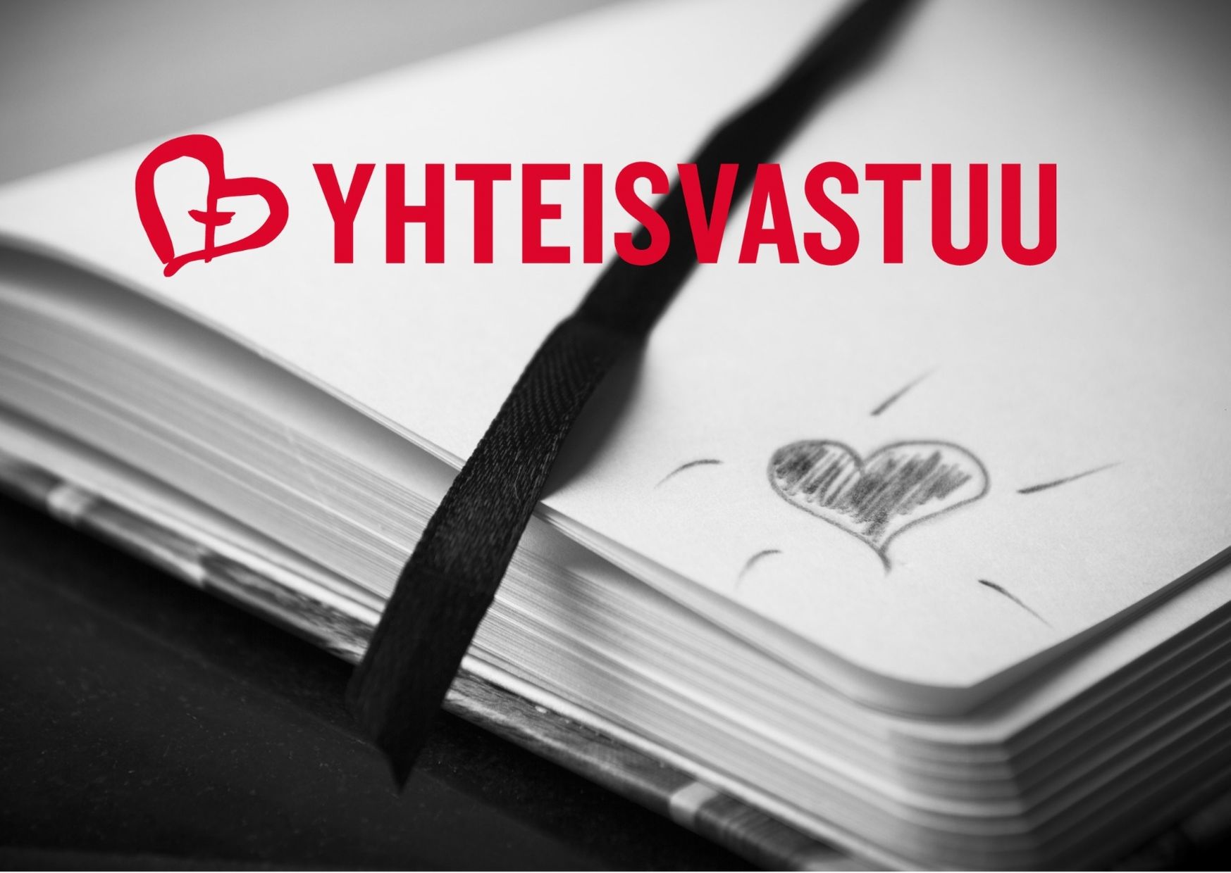 Kauneinta, ihmistyö -runo- ja laulutilaisuus Kirkonvartijantalolta verkossa Avoin kirja, jossa yhden sivun kulmassa sydän. Kuvan päällä Yhteisvastuu -teksti punaisella.