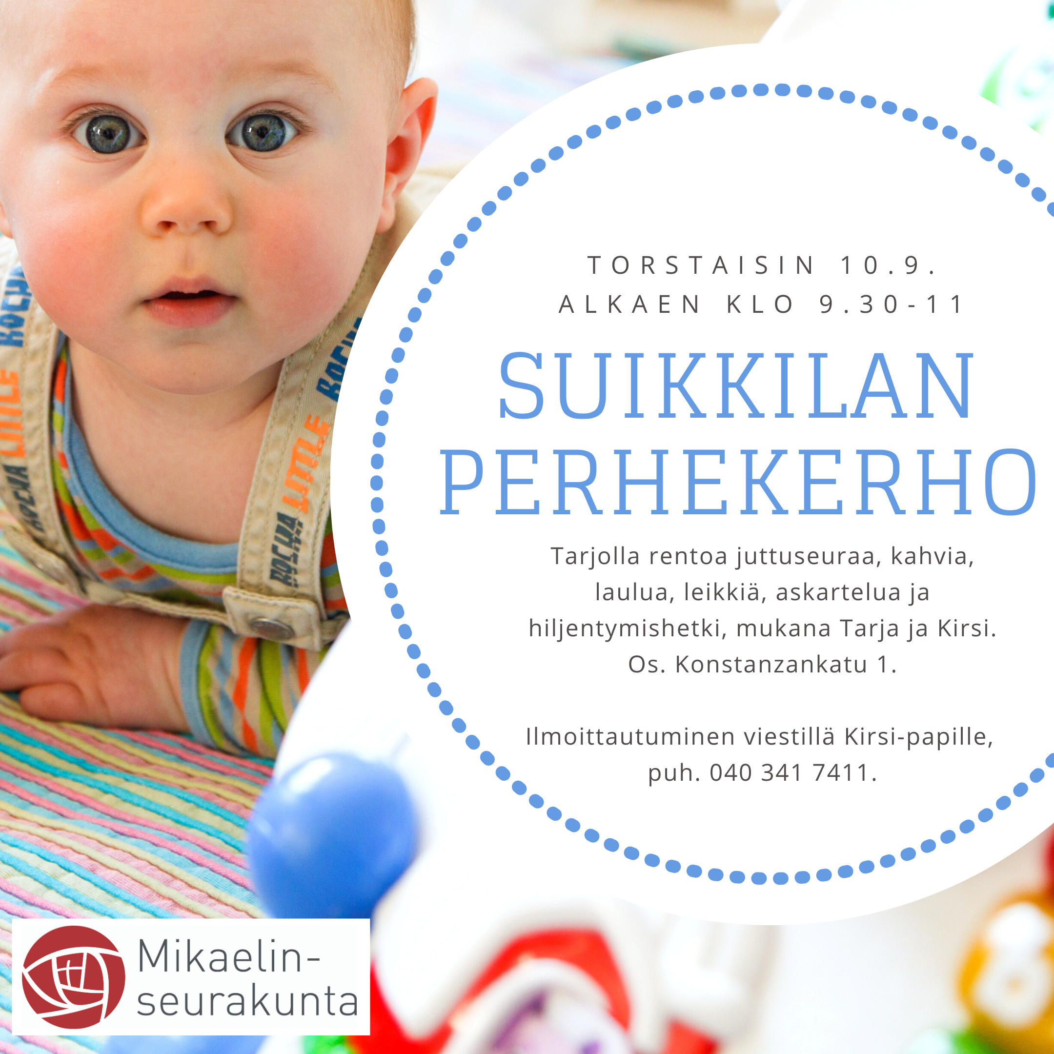 Suikkilan perhekerho Vauva vatsallaan värikkäissä vaatteissa, edessä leluja.