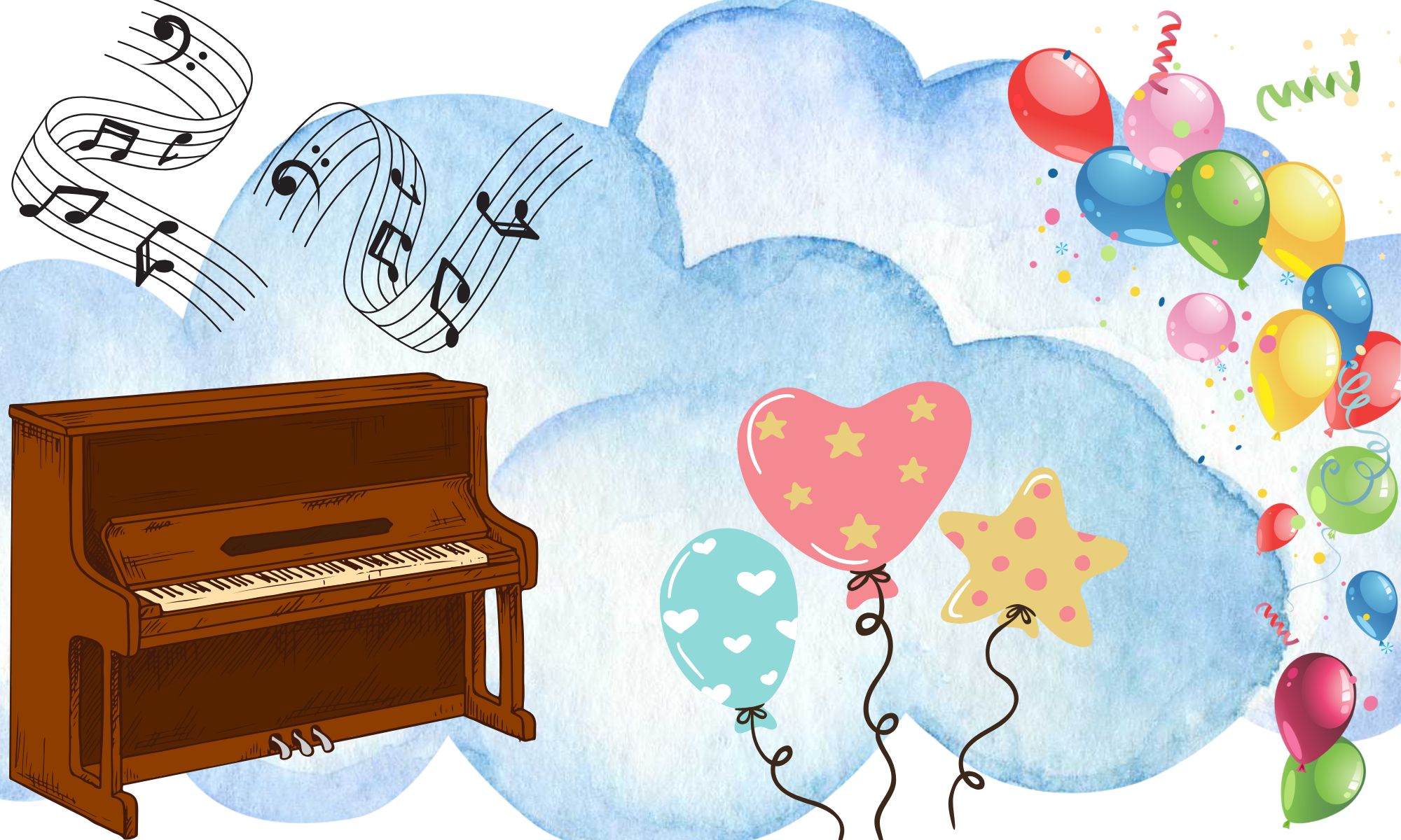 Vappumatinea Varissuolla Piirros, piano ja ilmapalloja.