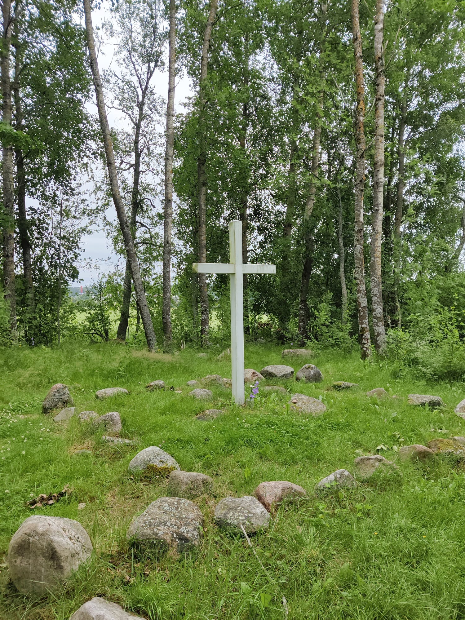 Iso valkoinen puuristi vihreällä nurmikolla, vanha kirkonjäännösalue