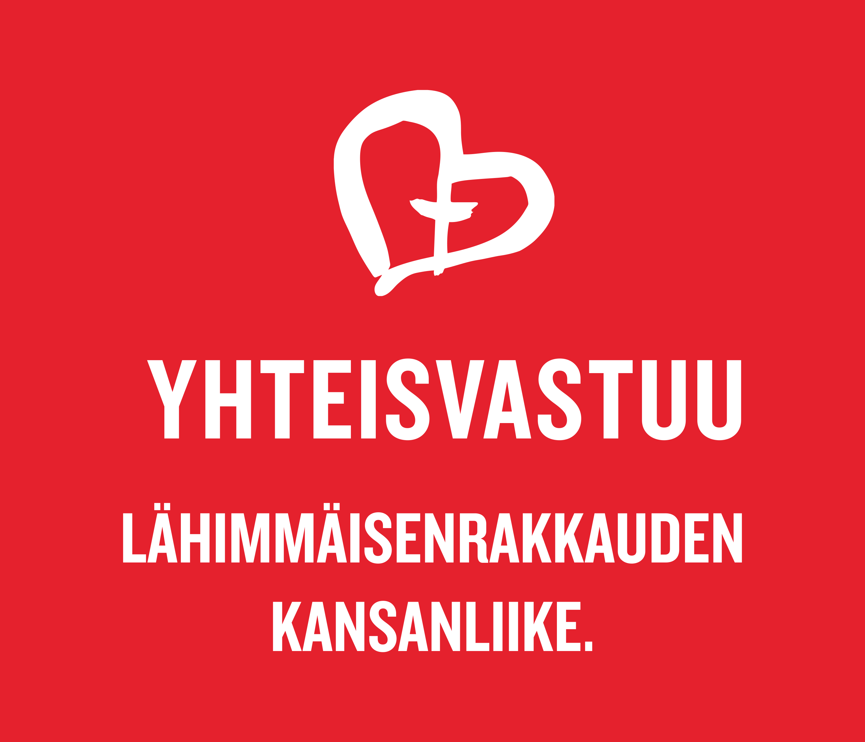 Pakohuone Yhteisvastuun hyväksi Punainen tausta. Valkoinen sydän, jonka keskellä risti. Yhteisvastuu, lähimmäisenrakkauden kansanliike.