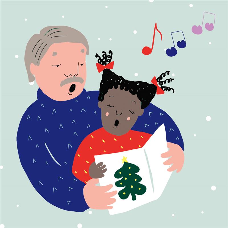 Minimalistinen piirretty kuva, jossa isä ja lapsi laulavat yhdessä. Kuvittaja Hanna-Riikka Heikkilä.