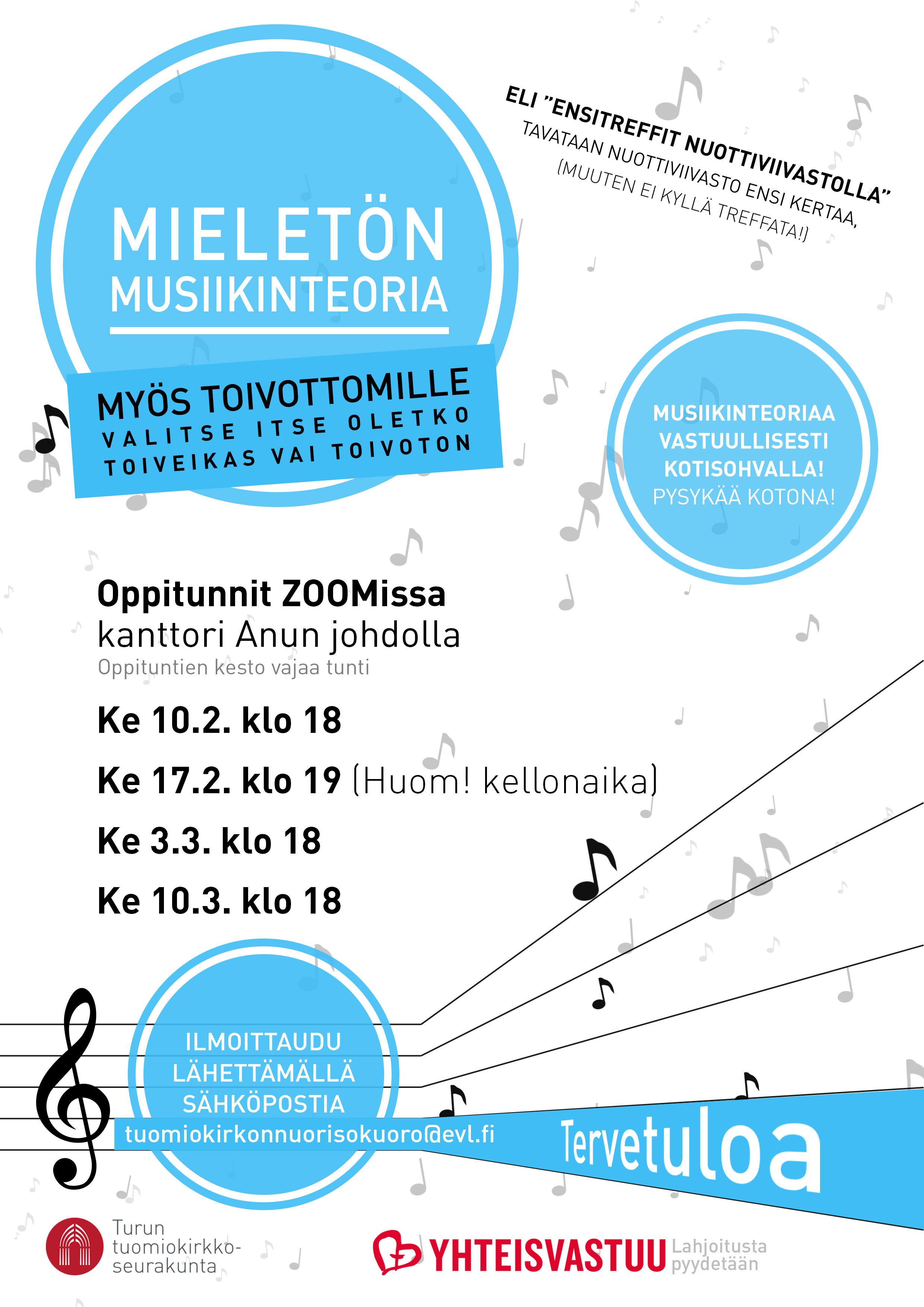 Mieletön musiikinteoria verkossa Tapahtuman juliste, jossa nuotteja ja tekstiä. Tekstin tiedot löytyvät myös tapahtuman tiedoista.