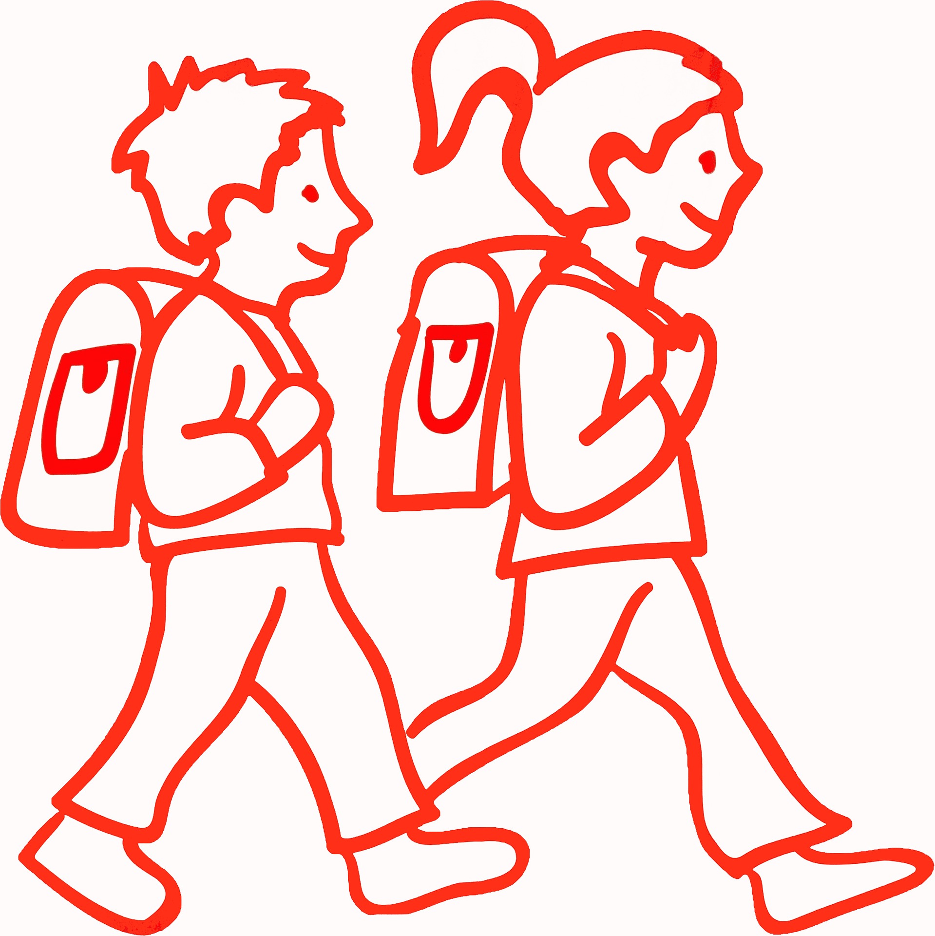 Kuvassa kaksi lasta kävelee reput selässä.
