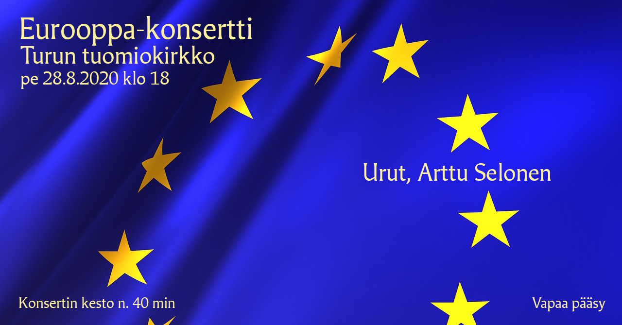 Eurooppa-konsertti Euroopan Unionin sininen lippu keltaisilla tähdillä, etualalla tekstitiedot konsertista