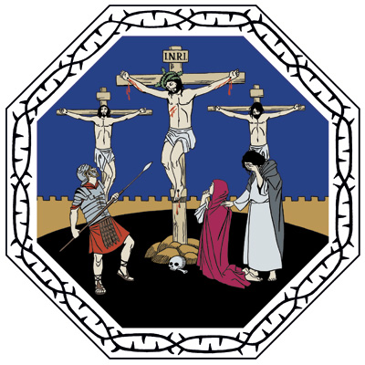 Jeesuksen kuolinhetken hartaus Jeesus ristiinnaulittuna kahden muun ristiinnaulitun keskellä. Naiset ovat polvistuneina ristin juurella ja roomalainen sotilas on nostanut keihäänsä kohti Jeesusta.