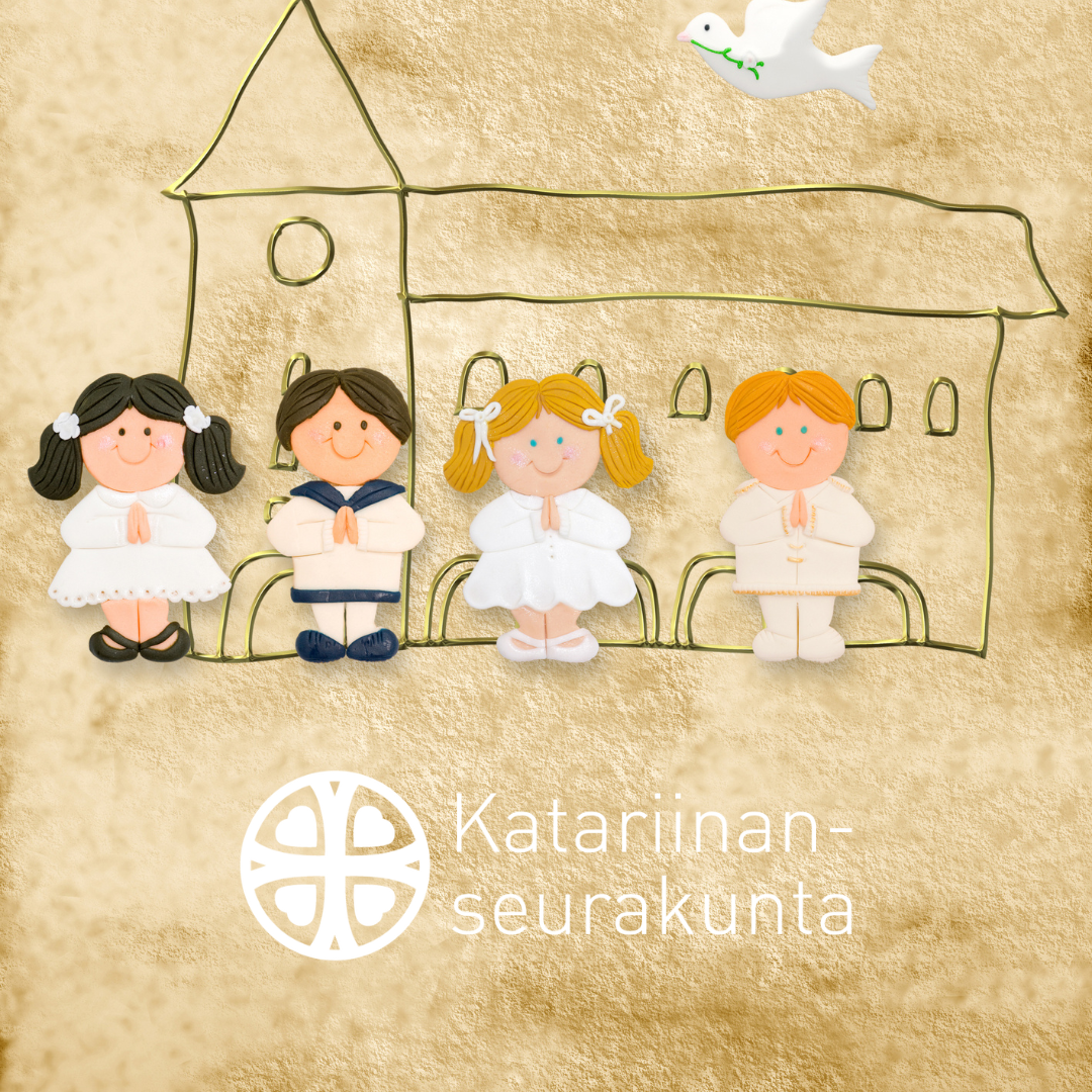 Piirretty kuva jossa taustalla kirkko ja edessä neljä lasta valkoisissa vaatteissa.