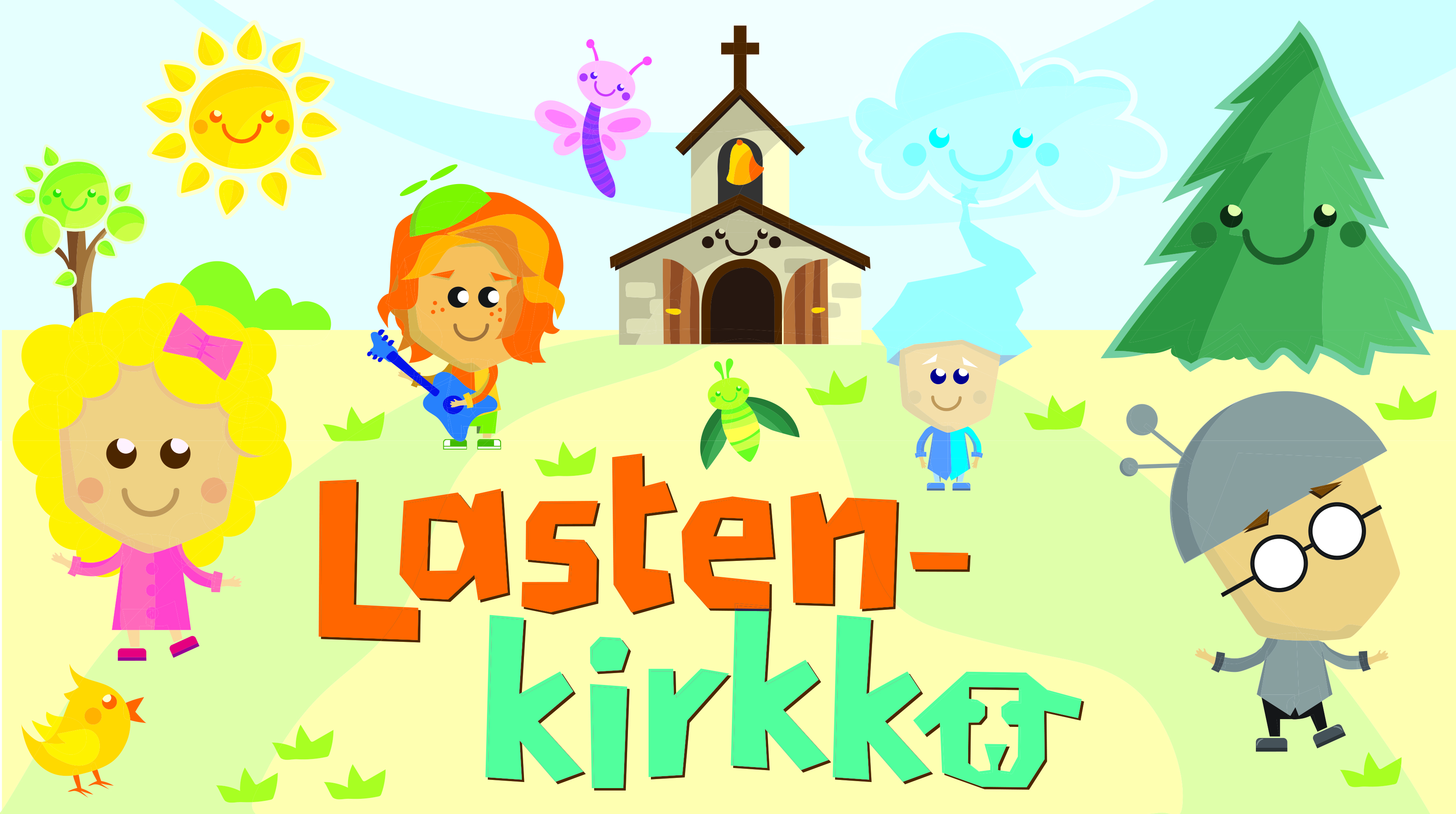 Lastenkirkko Maarian kirkosta verkossa Piirroskuva, jossa kirkko ja neljä lasta kirkon edustalla. Keskellä teksti