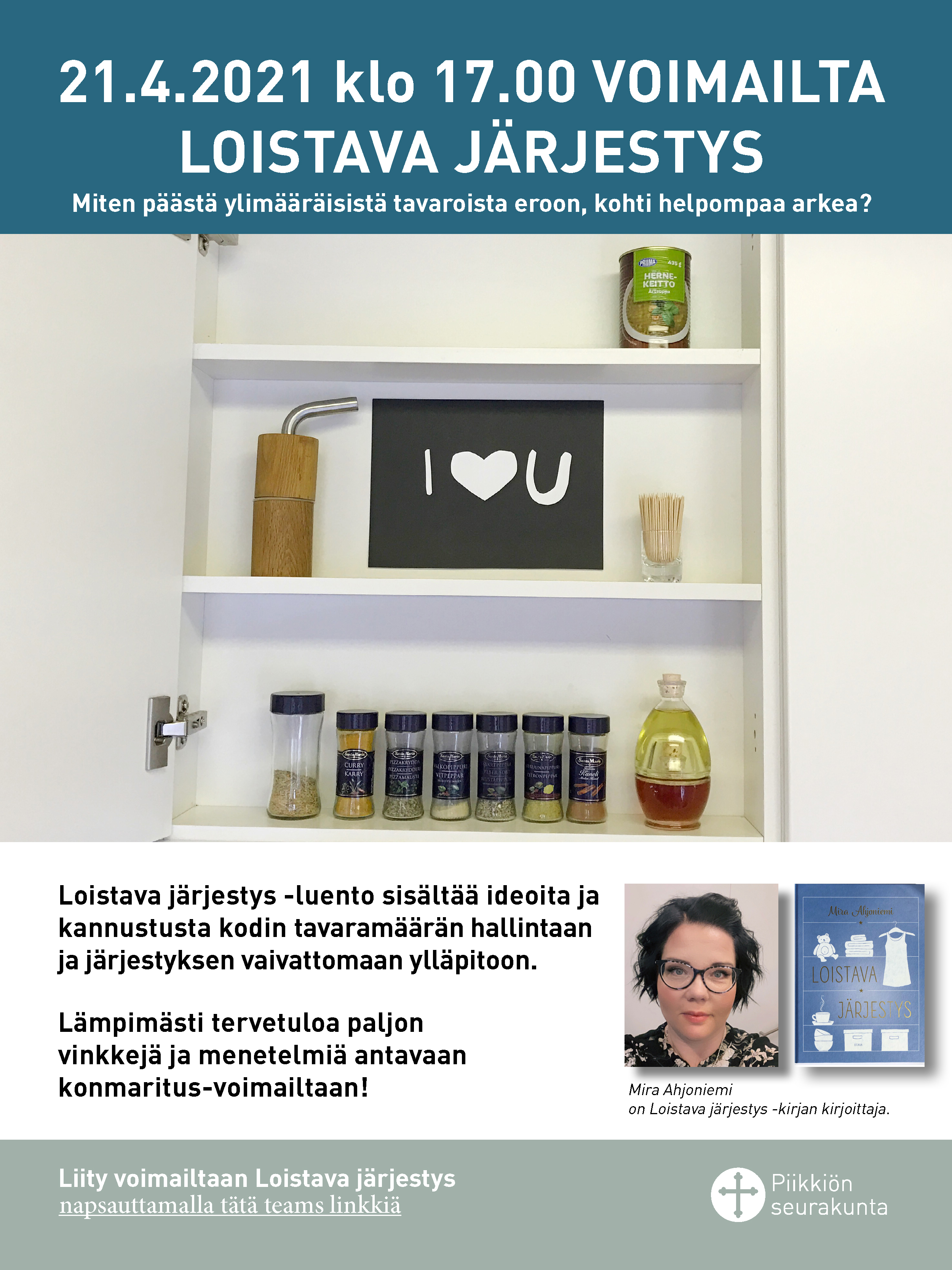 VOIMAILTA: LOISTAVA JÄRJESTYS Tapahtumamainos, jonka kaikki tiedot löytyvät tältä tapahtumakalenterin sivulta. Kuvituskuvana keittiönkaapin hyllyköistä, keskellä teksti