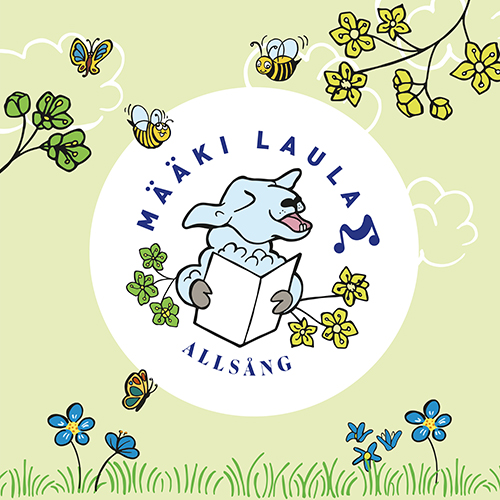 Lammas laulaa lauluvihkosta, kukkia ja pörriäisiä.