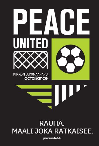 Peace United Logo. Tummalla katu-uskottavalla pohjalla vihreä jalkapallo ja teksti: Peace united. Rauha. Maali, joka ratkaiseen.