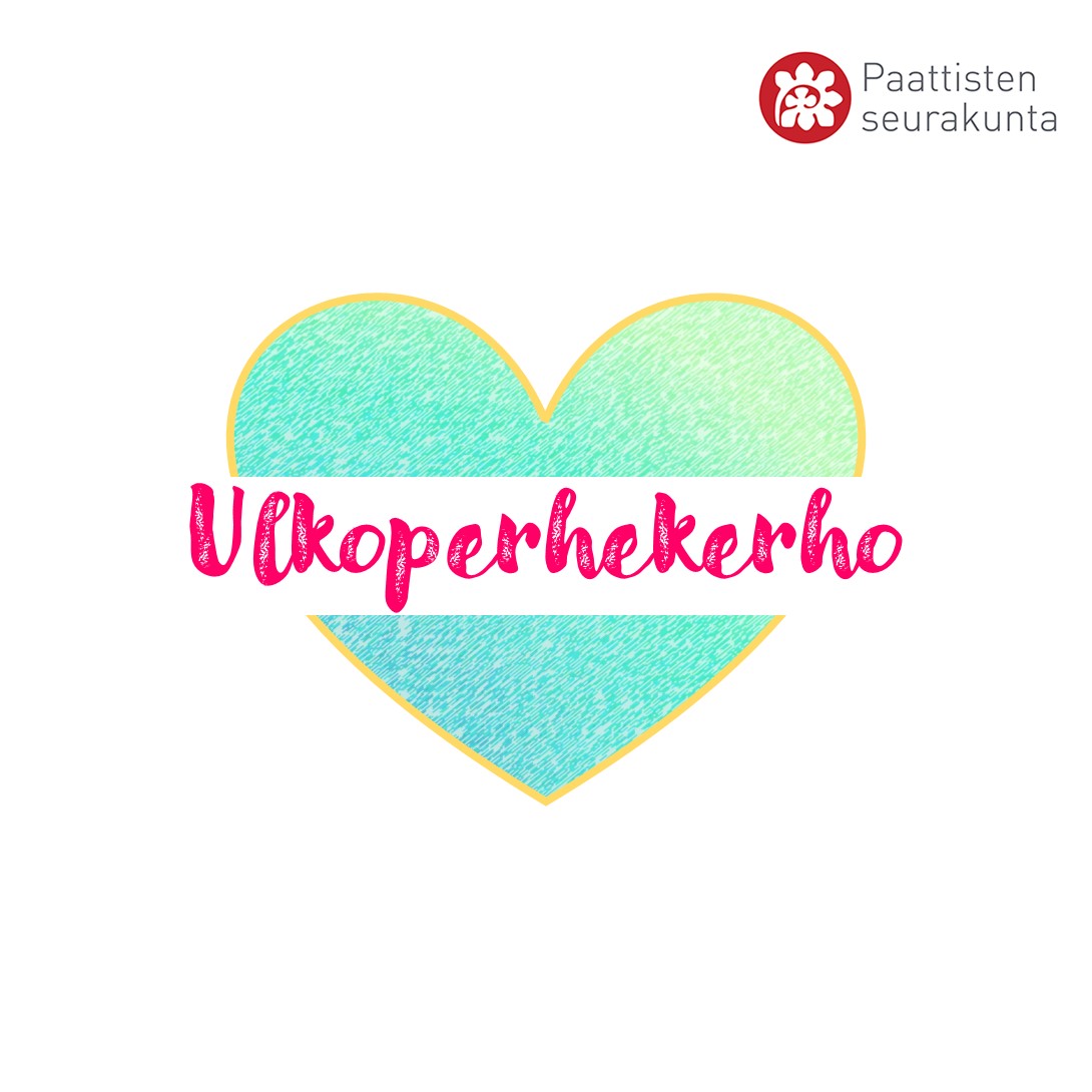 Ulkoperhekerho Turkoosi sydän, jonka päällä teksti ulkoperhekerho sekä Paattisten seurakunnan logo.