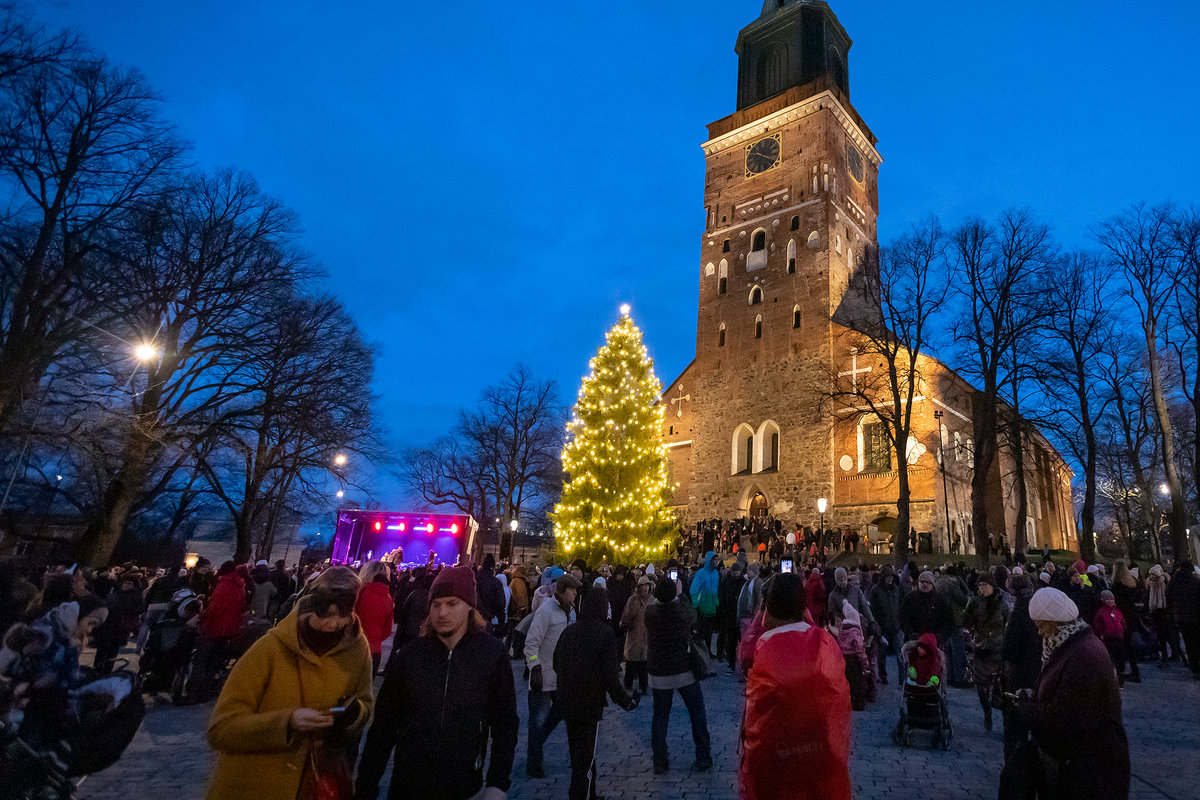Valaistu joulukuusi, jonka taustalla Turun tuomiokirkko.