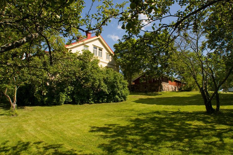 Nurmikkoa, puita ja puiden takaa pilkistävä valkoinen, vanha puurakennus.