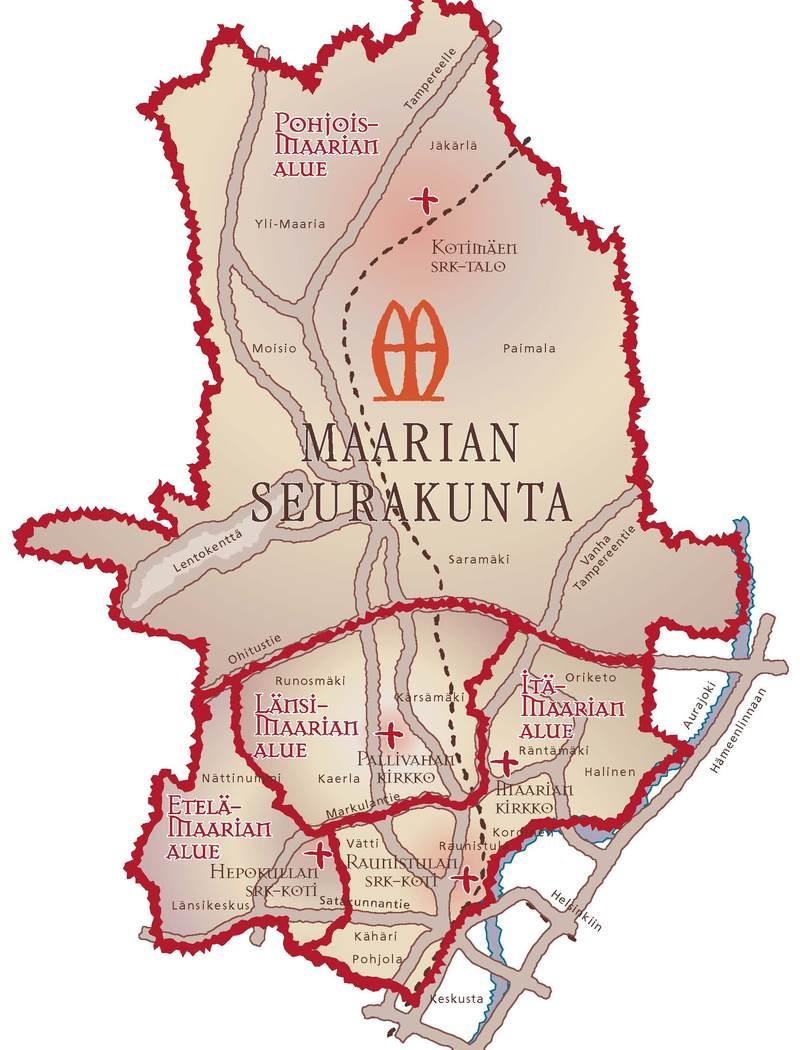 Maarian seurakunnan aluejaot kartalla hyvin summittaisesti esitettynä