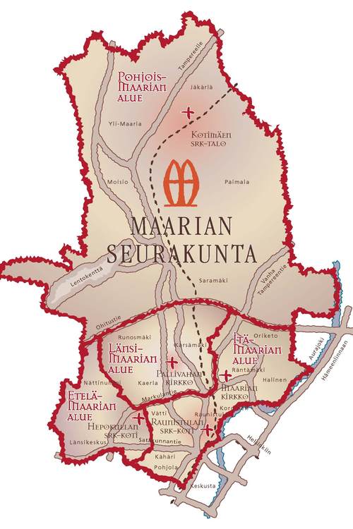 Kartta Maarian seurakunnan alueista