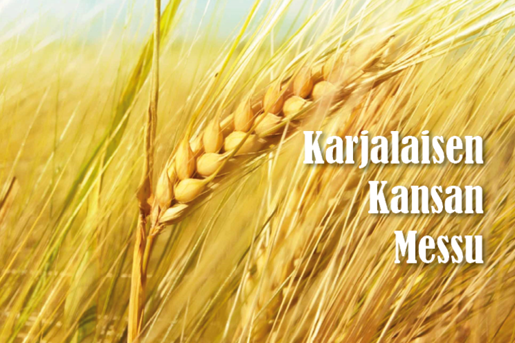Kuvassa on kesäistä viljapeltoa ja teksti Karjalaisen kansan messu