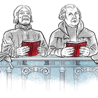 Piirroksessa Luther ja Agricola. Piirros Erkki Kiiski.