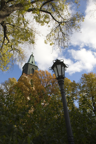 Turun tuomiokirkon torni puistosta kuvattuna