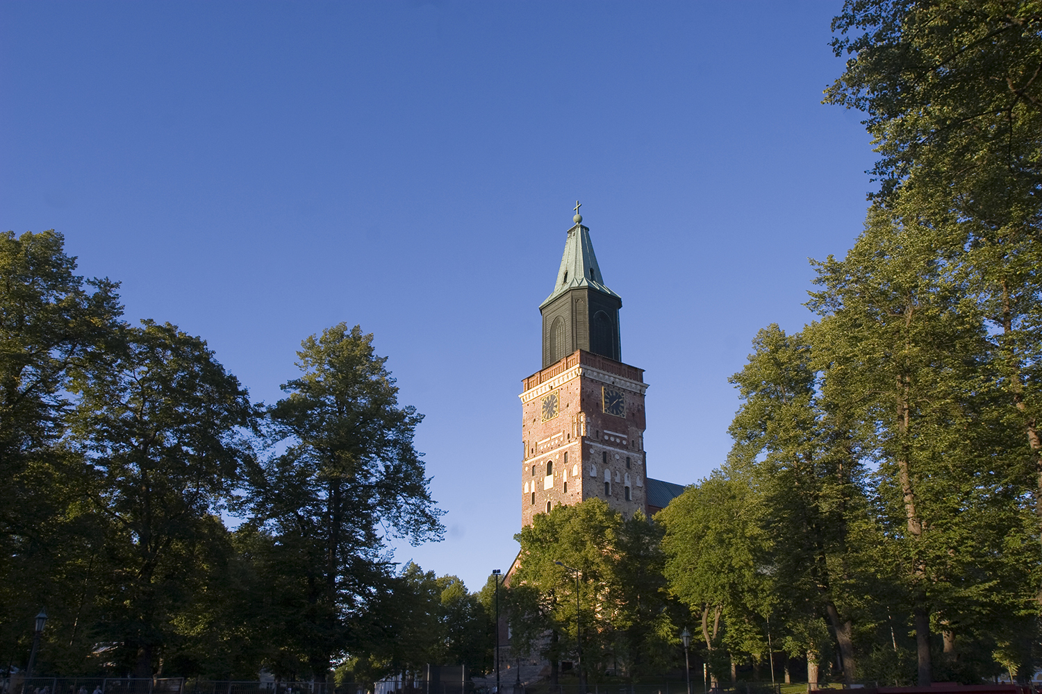 Kesäinen Tuomiokirkko puiden ympäröimänä.